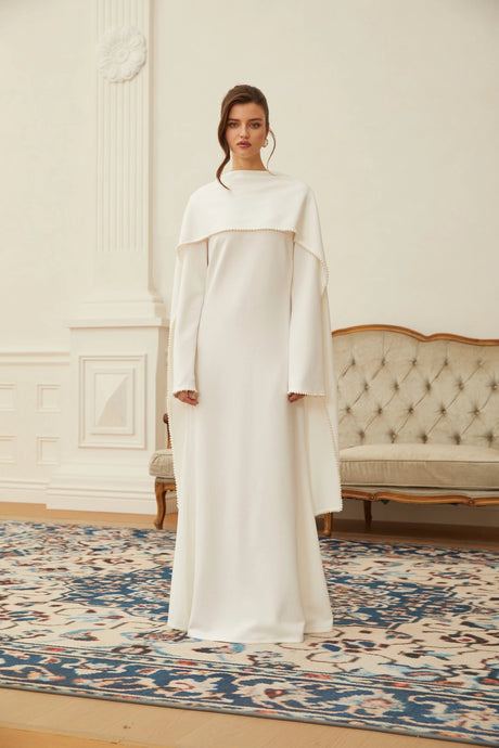 Silvana Maxi Dress White Pearl Trim Shawl Detail