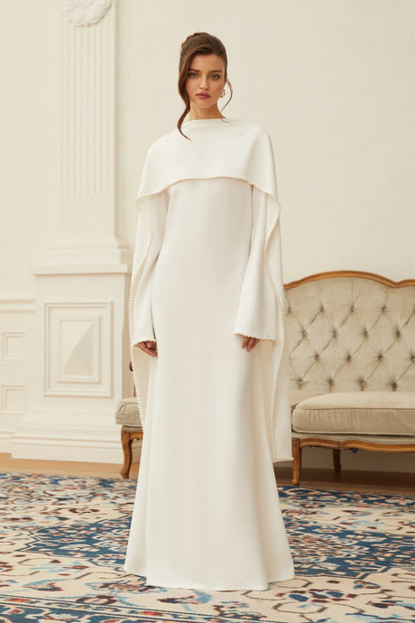 Silvana Maxi Dress White Pearl Trim Shawl Detail