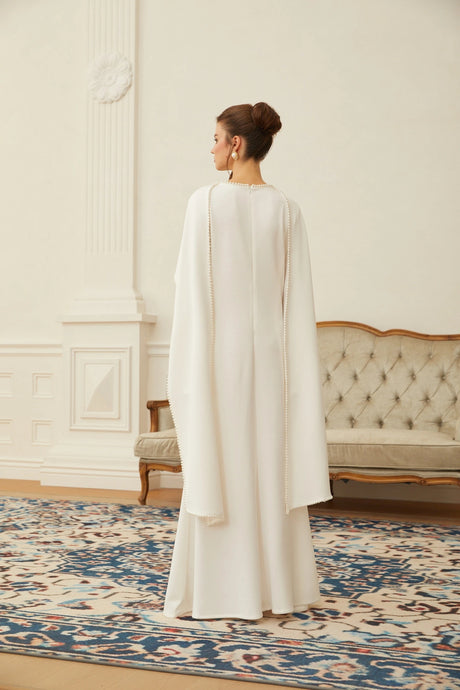 Silvana Maxi Dress White Pearl Trim Shawl Detail