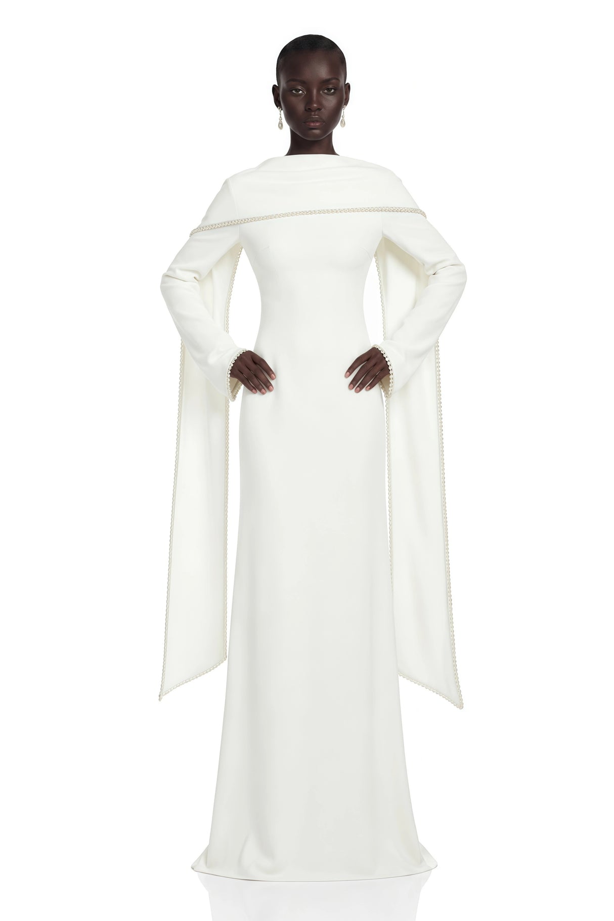 Piroska White Pearl Trim Shawl Detail Maxi Dress