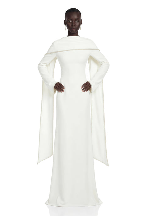 Cristina Maxi Dress White Pearl Trim Shawl Detail