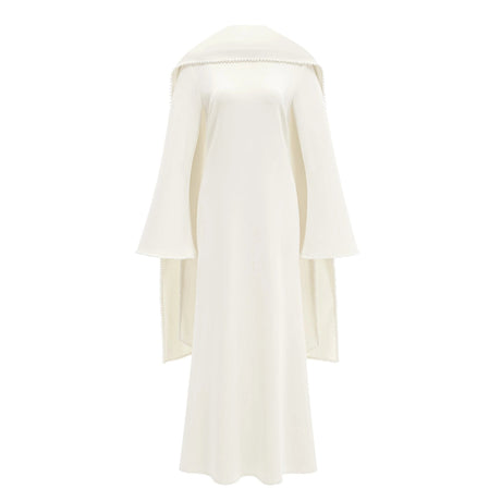 Silvana Maxi Dress White Pearl Trim Shawl Detail