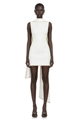 Piroska White Sleeveless Pearl Trim Mini Dress