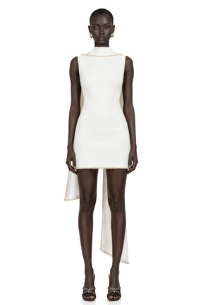 Piroska White Sleeveless Pearl Trim Mini Dress