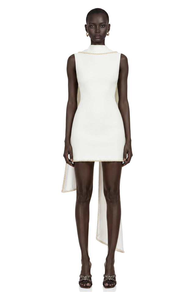 Piroska White Sleeveless Pearl Trim Mini Dress