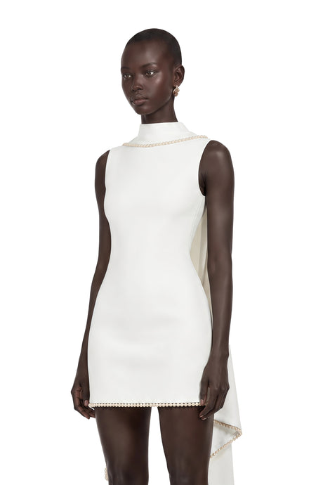 Filomena Mini Dress White Sleeveless Pearl Trim