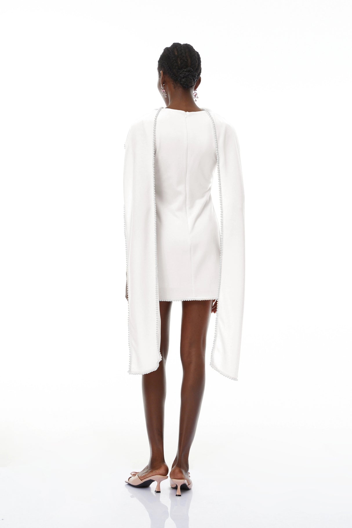 Piroska White Sleeveless Pearl Trim Mini Dress