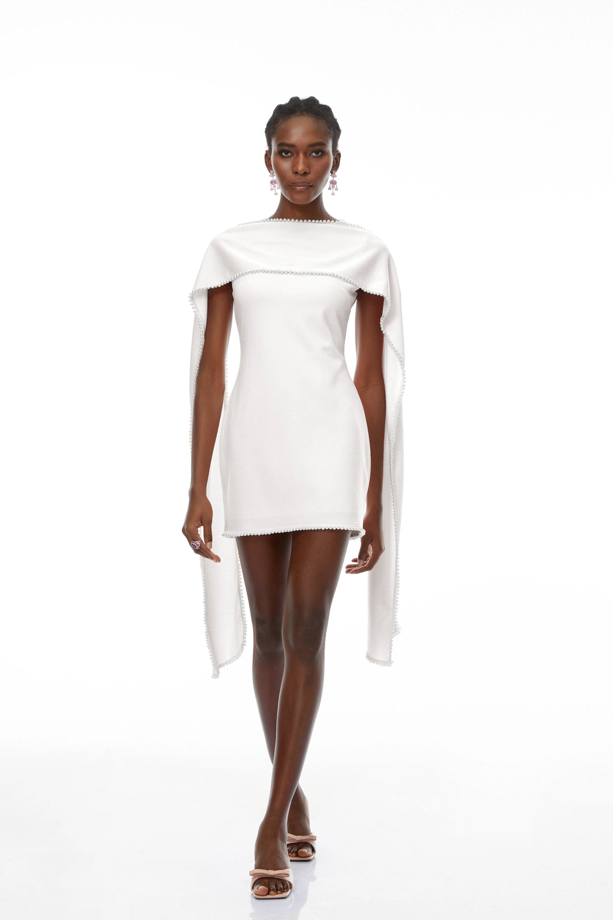 Piroska White Sleeveless Pearl Trim Mini Dress