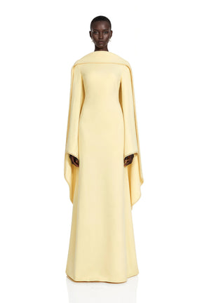 Piroska Yellow Pearl Trim Shawl Detail Maxi Dress