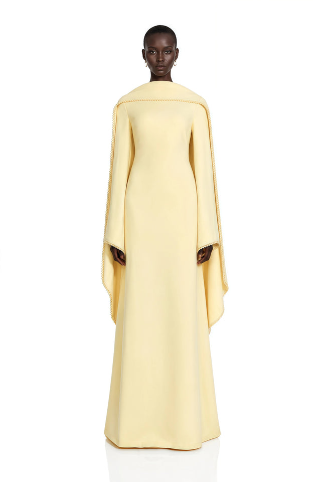 Piroska Yellow Pearl Trim Shawl Detail Maxi Dress