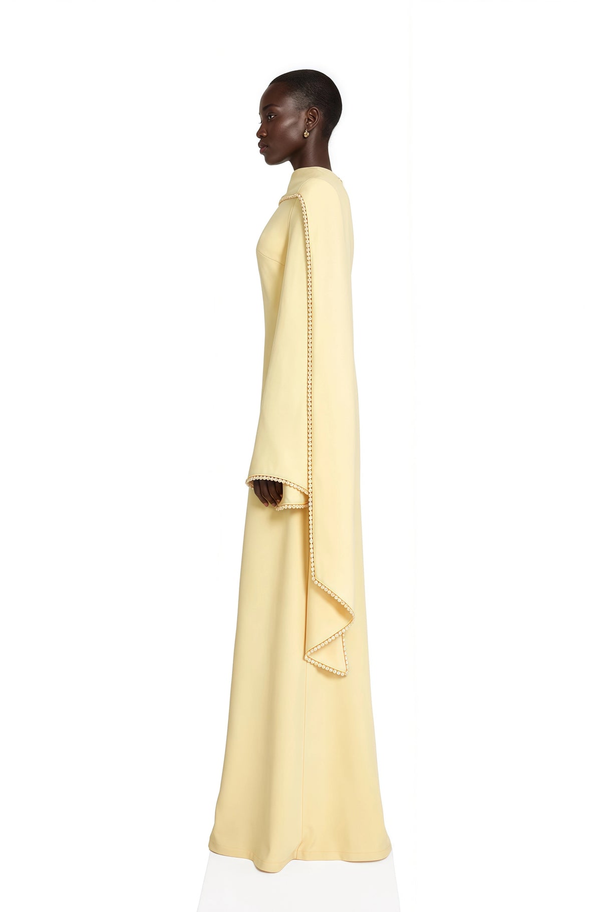 Piroska Yellow Pearl Trim Shawl Detail Maxi Dress