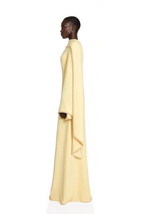 Myla Maxi Dress Yellow Pearl Trim Shawl Detail
