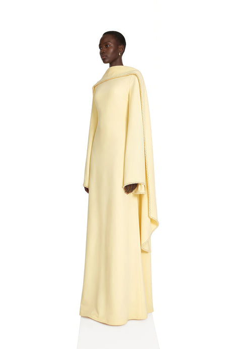 Myla Maxi Dress Yellow Pearl Trim Shawl Detail