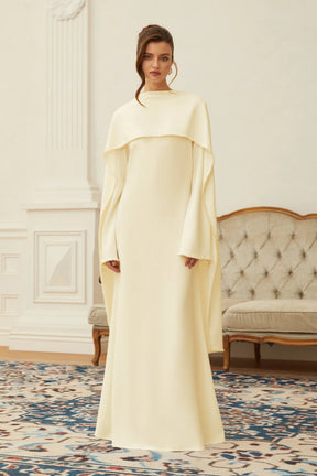 Piroska Yellow Pearl Trim Shawl Detail Maxi Dress