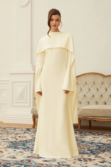 Marina Maxi Dress Yellow Pearl Trim Shawl Detail