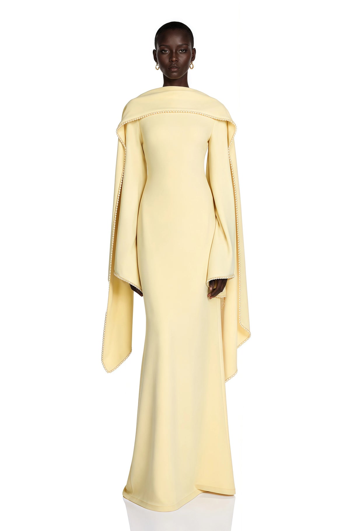 Piroska Yellow Pearl Trim Shawl Detail Maxi Dress