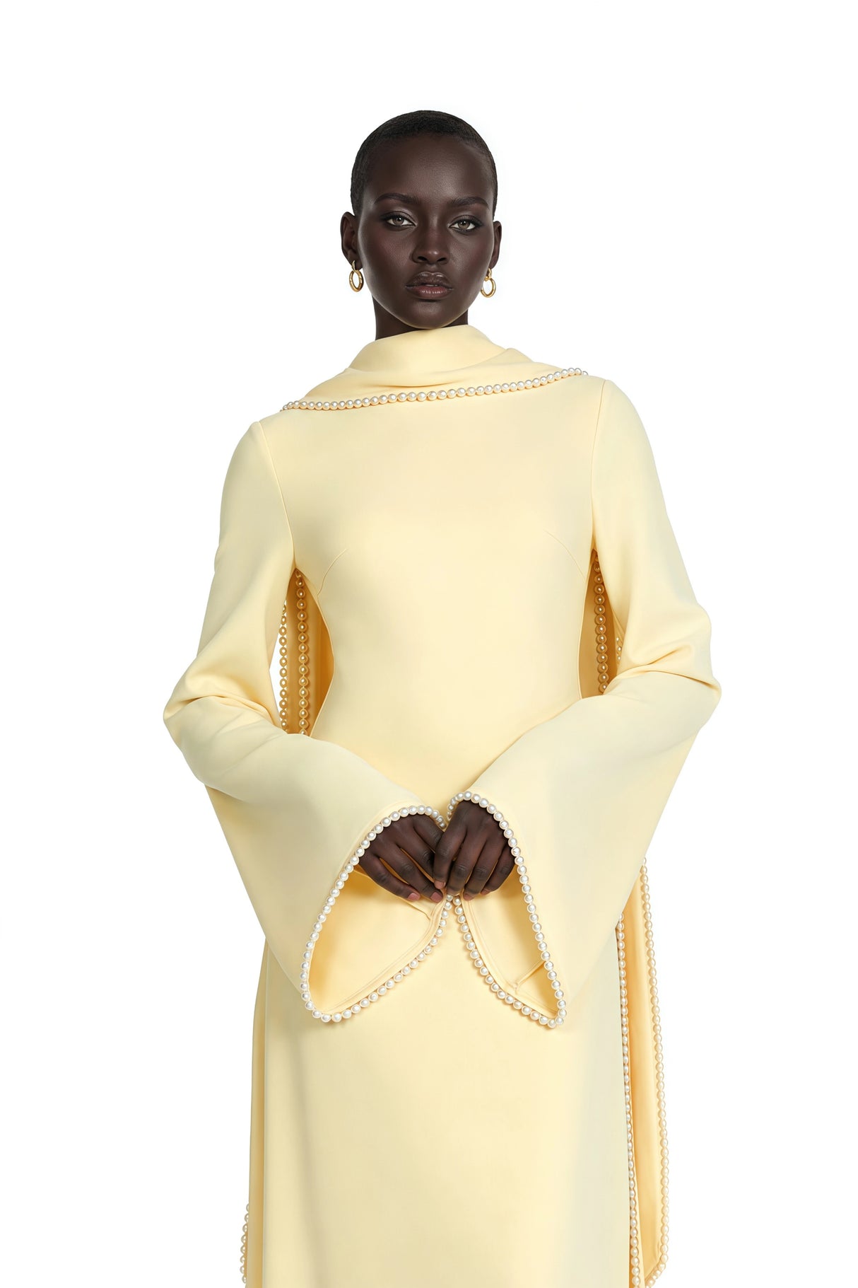 Piroska Yellow Pearl Trim Shawl Detail Maxi Dress