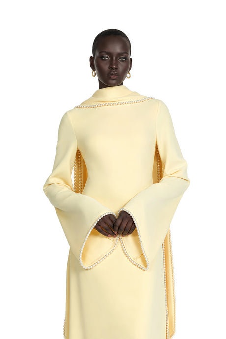 Myla Maxi Dress Yellow Pearl Trim Shawl Detail