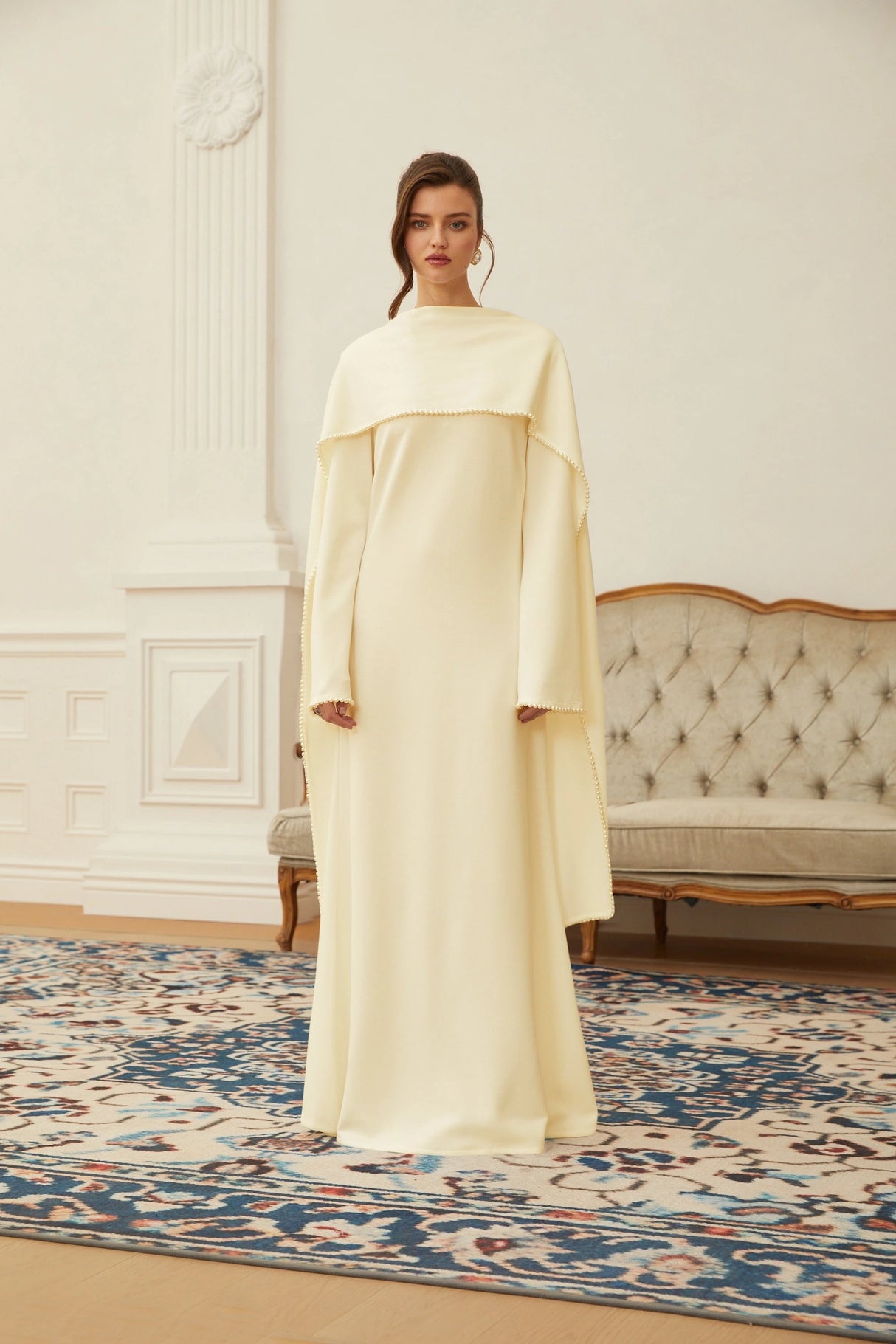Piroska Yellow Pearl Trim Shawl Detail Maxi Dress
