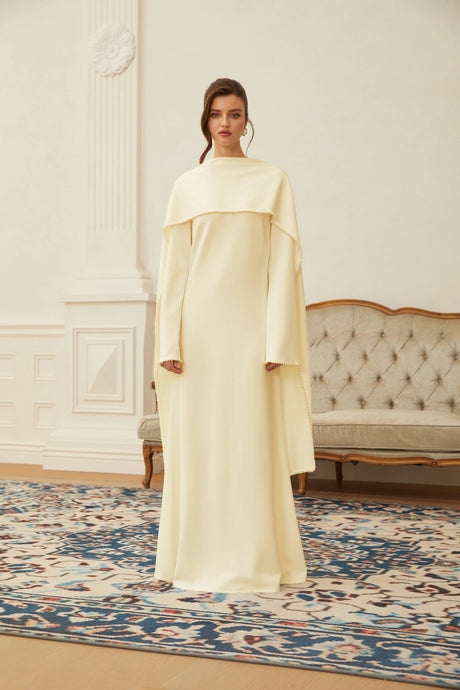 Marina Maxi Dress Yellow Pearl Trim Shawl Detail