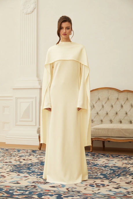 Marina Maxi Dress Yellow Pearl Trim Shawl Detail