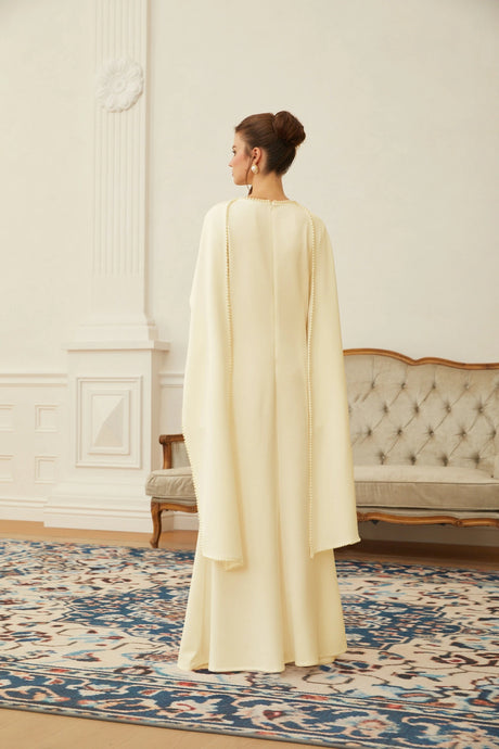 Marina Maxi Dress Yellow Pearl Trim Shawl Detail