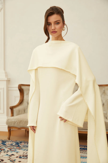 Marina Maxi Dress Yellow Pearl Trim Shawl Detail