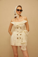 Polliana White Double Breasted Organza Mini Dress