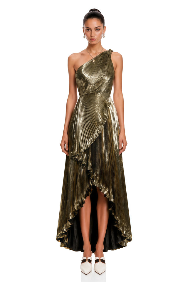 Pomeline Green Metallic One Shoulder HighLow Maxi Dress
