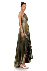 Pomeline Green Metallic One Shoulder HighLow Maxi Dress