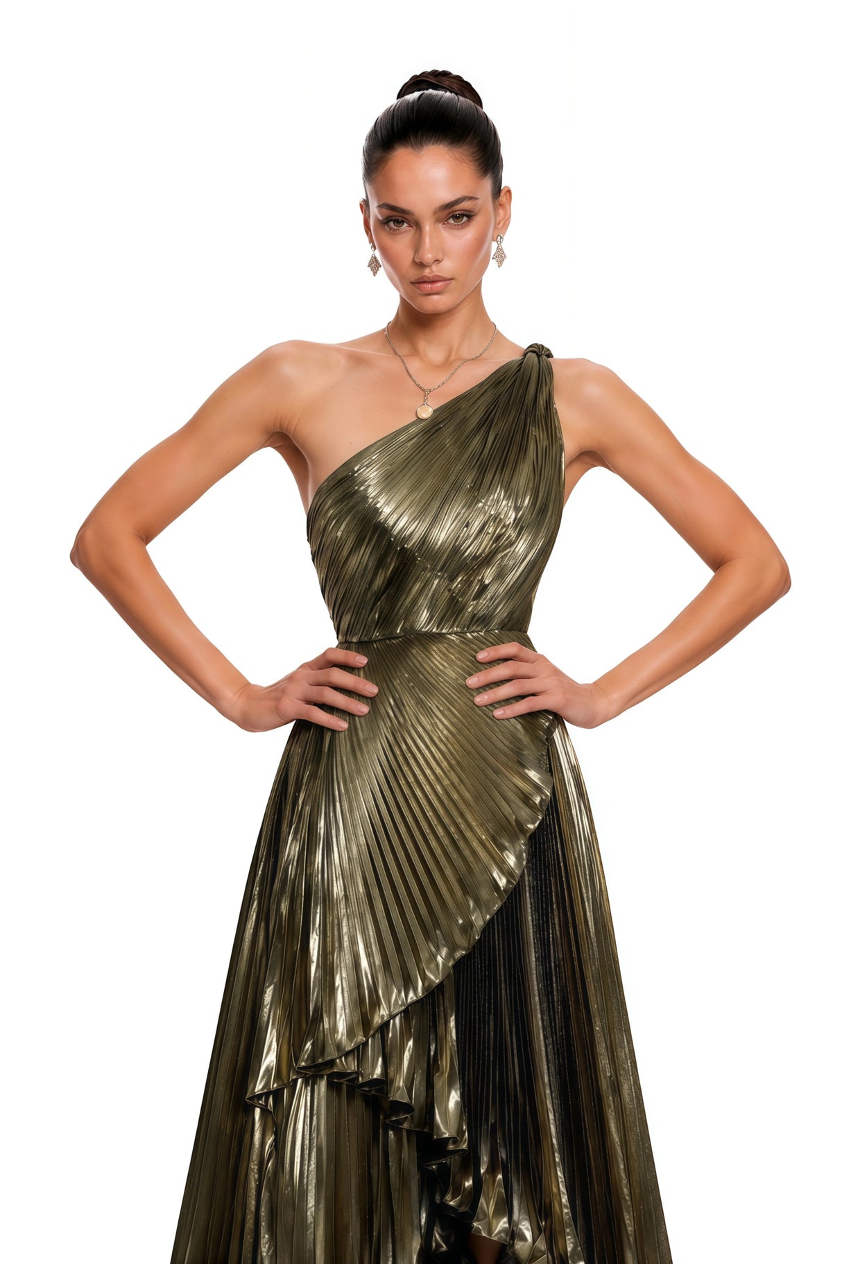 Pomeline Green Metallic One Shoulder HighLow Maxi Dress