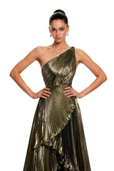 Pomeline Green Metallic One Shoulder HighLow Maxi Dress