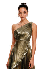 Pomeline Green Metallic One Shoulder HighLow Maxi Dress