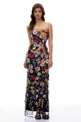Poppy Black Strapless Maxi Dress with 3D Florals