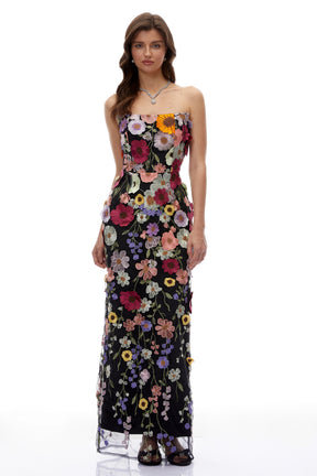 Poppy Black Strapless Maxi Dress with 3D Florals