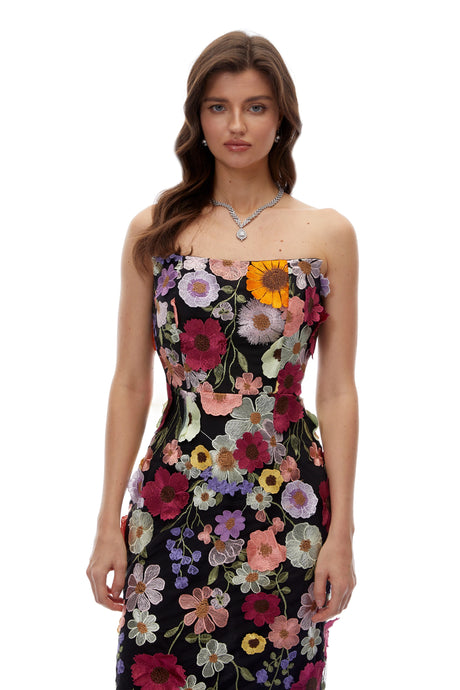 Freya Maxi Dress Black Strapless with 3D Florals