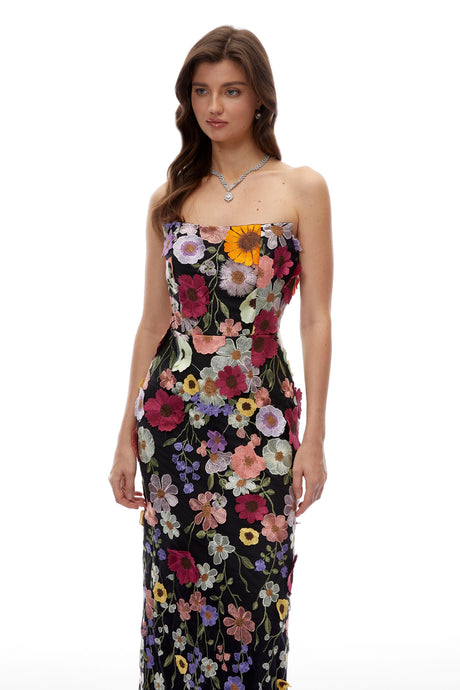 Freya Maxi Dress Black Strapless with 3D Florals