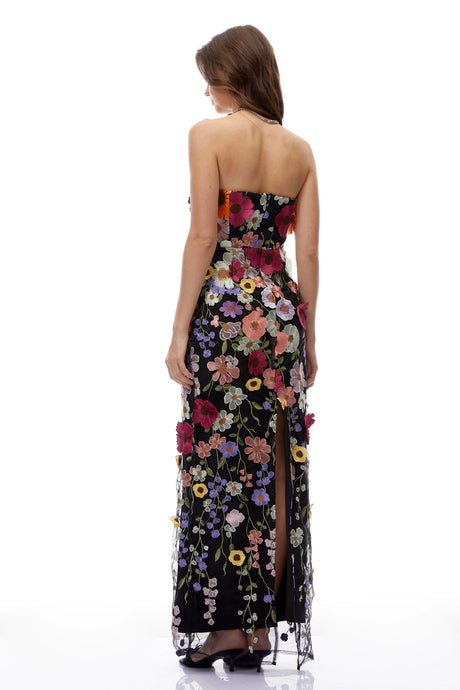 Freya Maxi Dress Black Strapless with 3D Florals