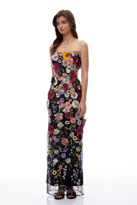 Freya Maxi Dress Black Strapless with 3D Florals
