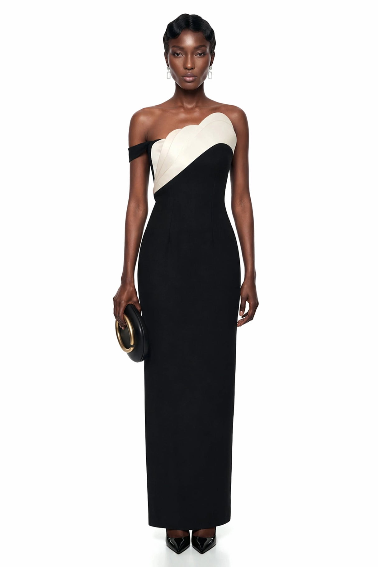 Priscila Black One Shoulder Color Block Maxi Dress