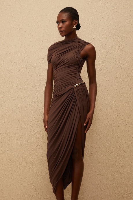 Adelaide Midi Dress Brown Night Out Asymmetrical Ruched
