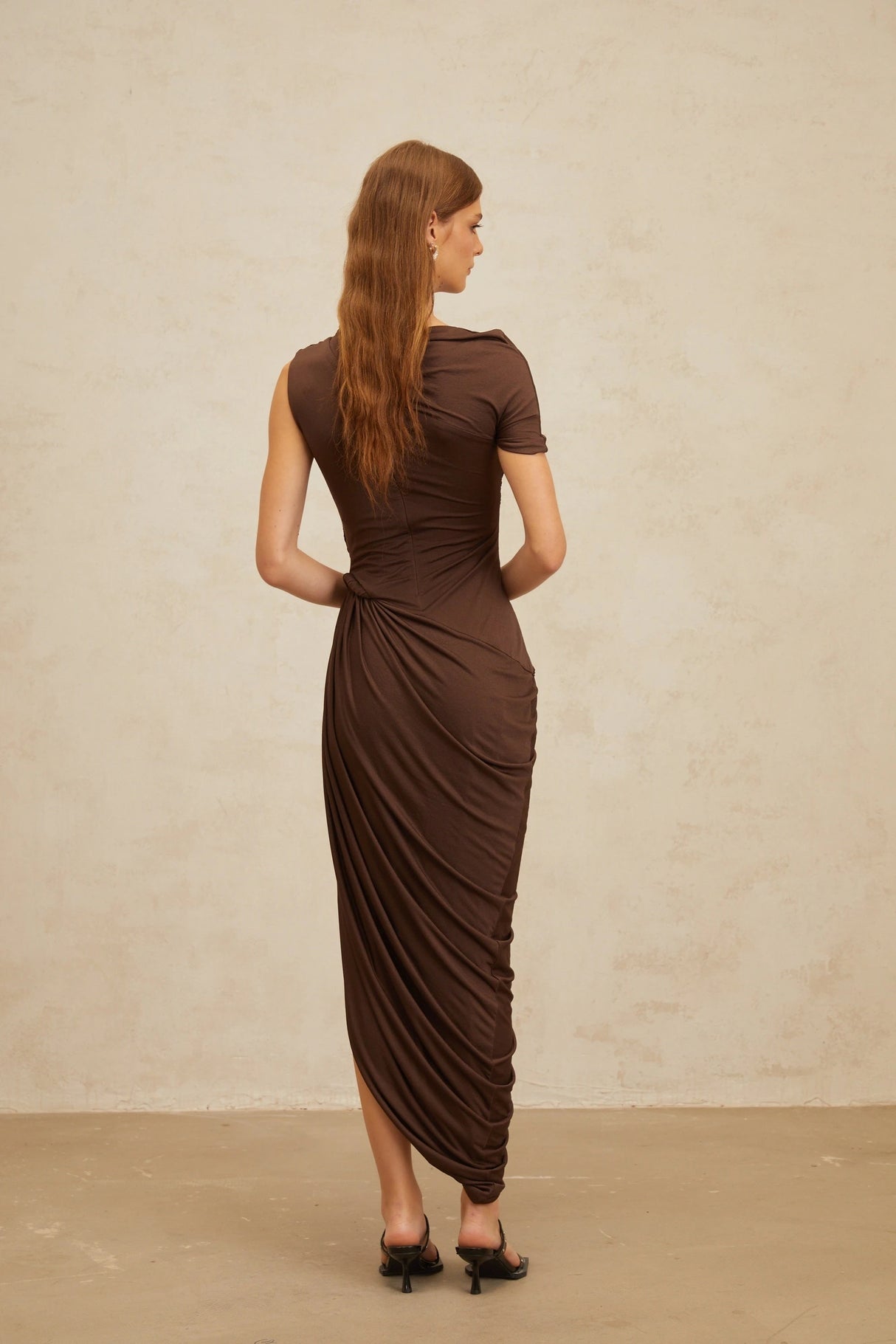 Prune Brown Night Out Asymmetrical Ruched Midi Dress