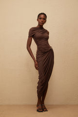 Prune Brown Night Out Asymmetrical Ruched Midi Dress