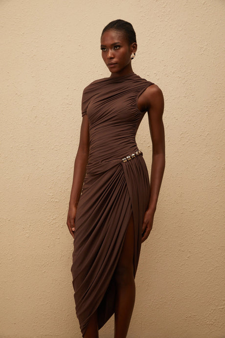 Adelaide Midi Dress Brown Night Out Asymmetrical Ruched