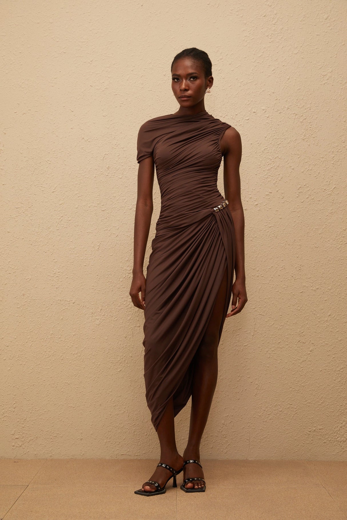 Prune Brown Night Out Asymmetrical Ruched Midi Dress