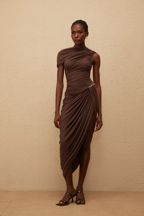 Adelaide Midi Dress Brown Night Out Asymmetrical Ruched
