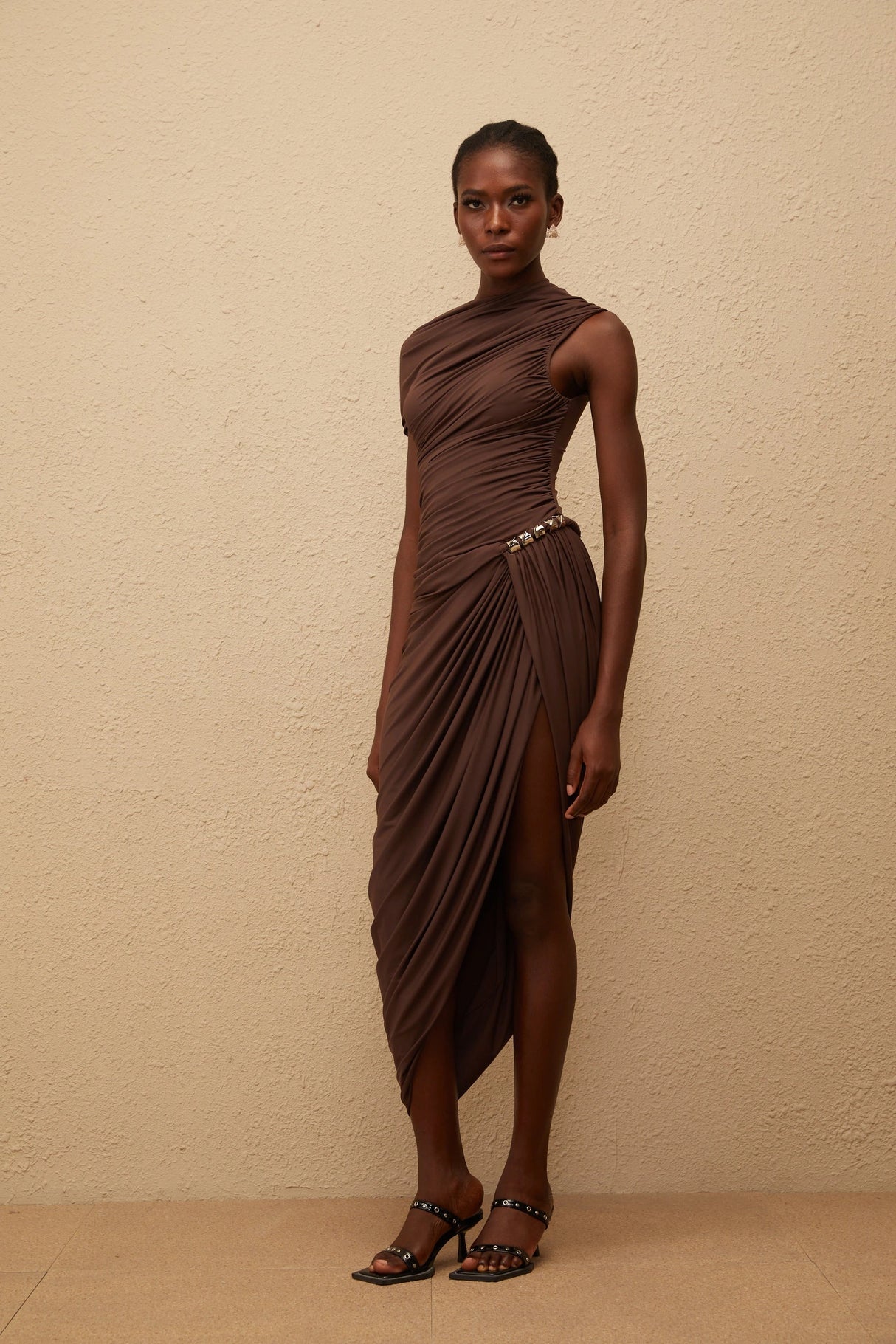 Prune Brown Night Out Asymmetrical Ruched Midi Dress