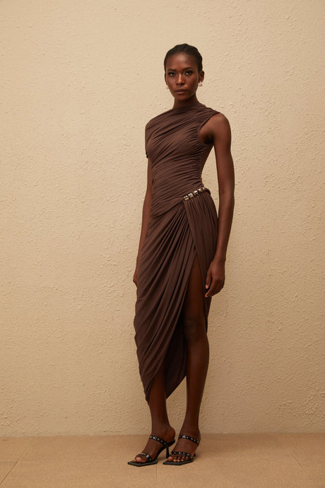 Adelaide Midi Dress Brown Night Out Asymmetrical Ruched