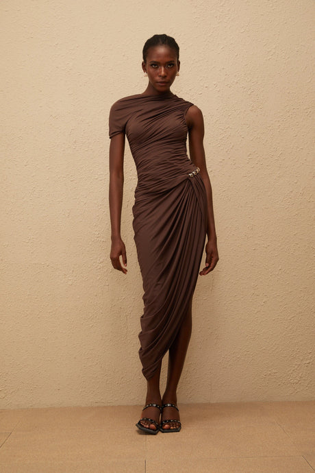 Adelaide Midi Dress Brown Night Out Asymmetrical Ruched