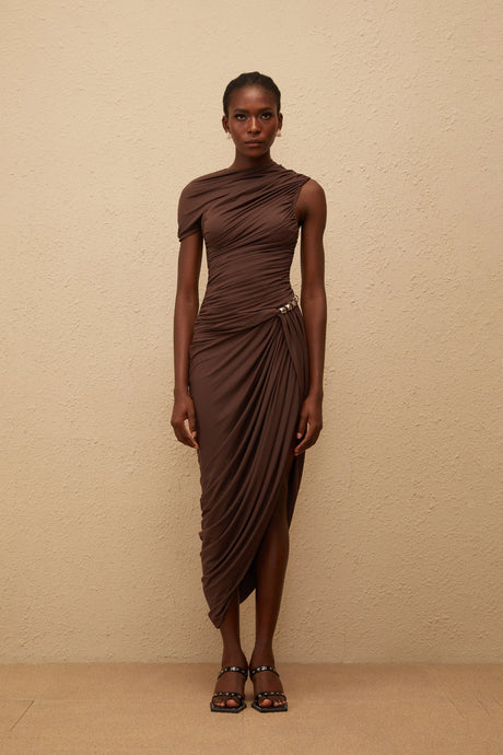Adelaide Midi Dress Brown Night Out Asymmetrical Ruched